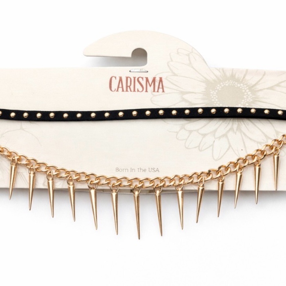 Carisma Black Studded Choker Gold Spike Chain Layered Necklace Set